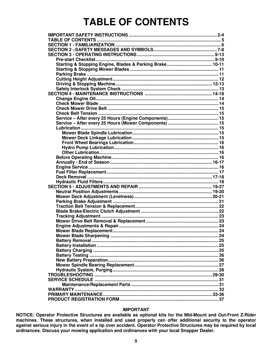 Snapper NZM21522KWV, NZM19482KWV, NZM25612KWV, NZM27612KH important safety instructions Table of Contents 