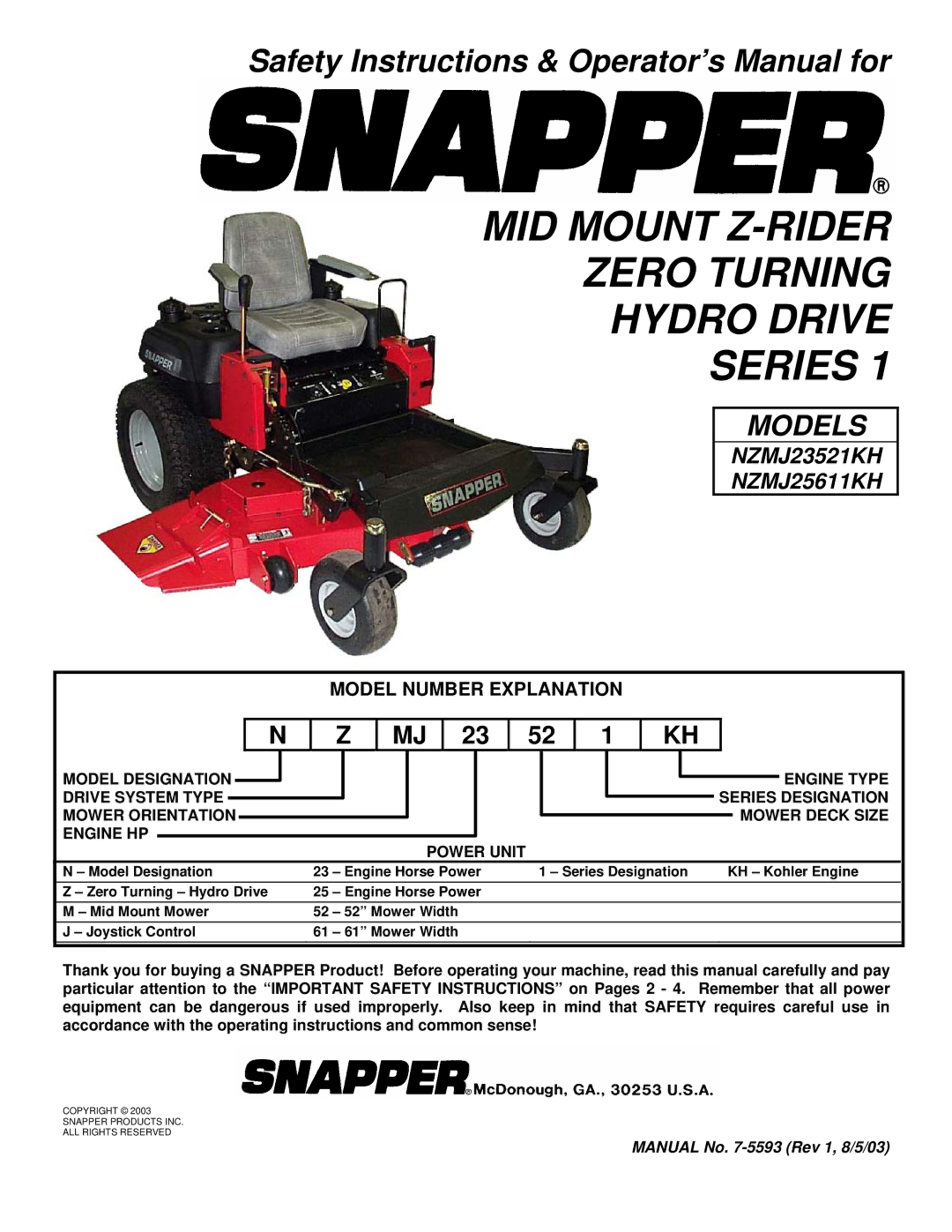 Snapper NZMJ23521KH, NZMJ25611KH important safety instructions MID Mount Z-RIDER Zero Turning Hydro Drive Series 