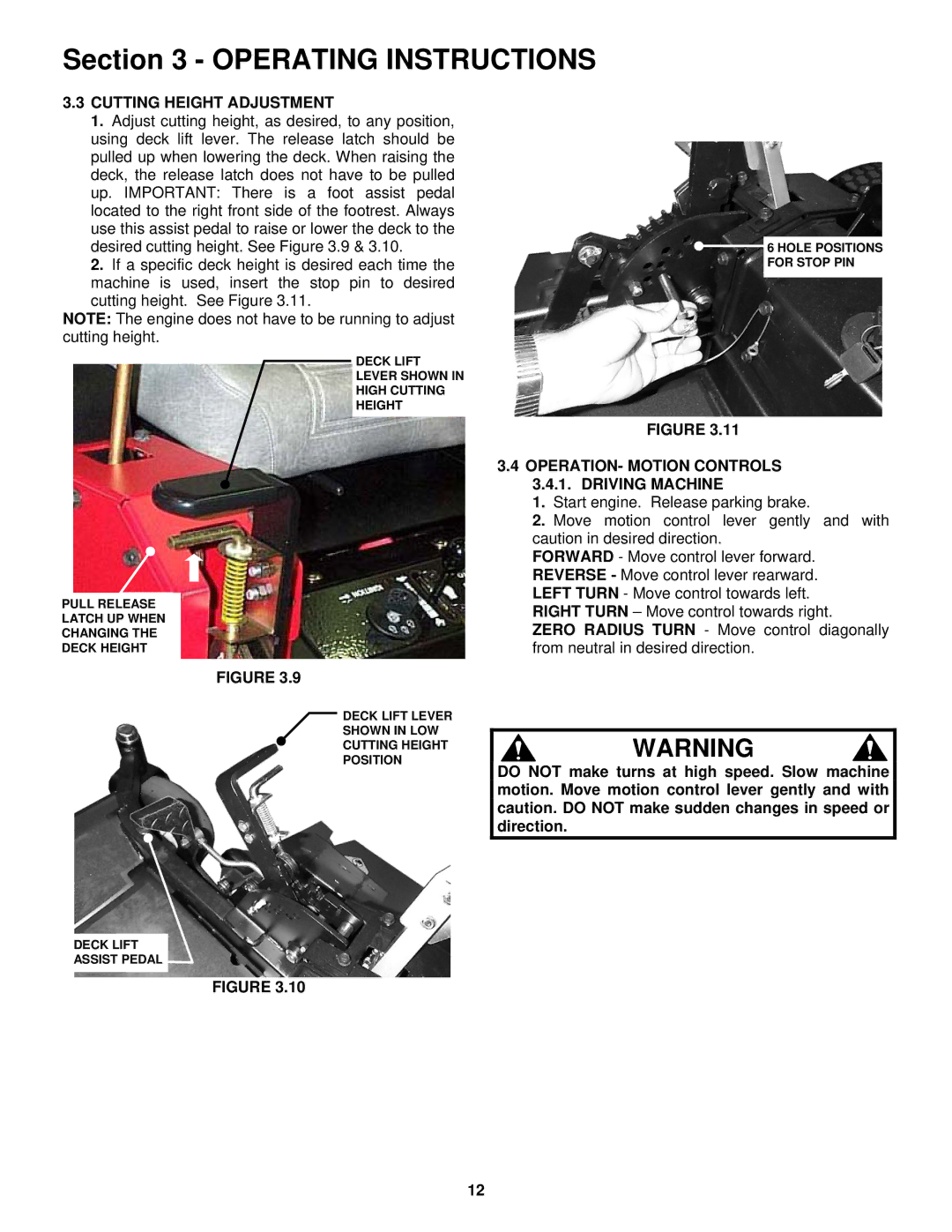 Snapper NZMJ23521KH, NZMJ25611KH Cutting Height Adjustment, OPERATION- Motion Controls Driving Machine 