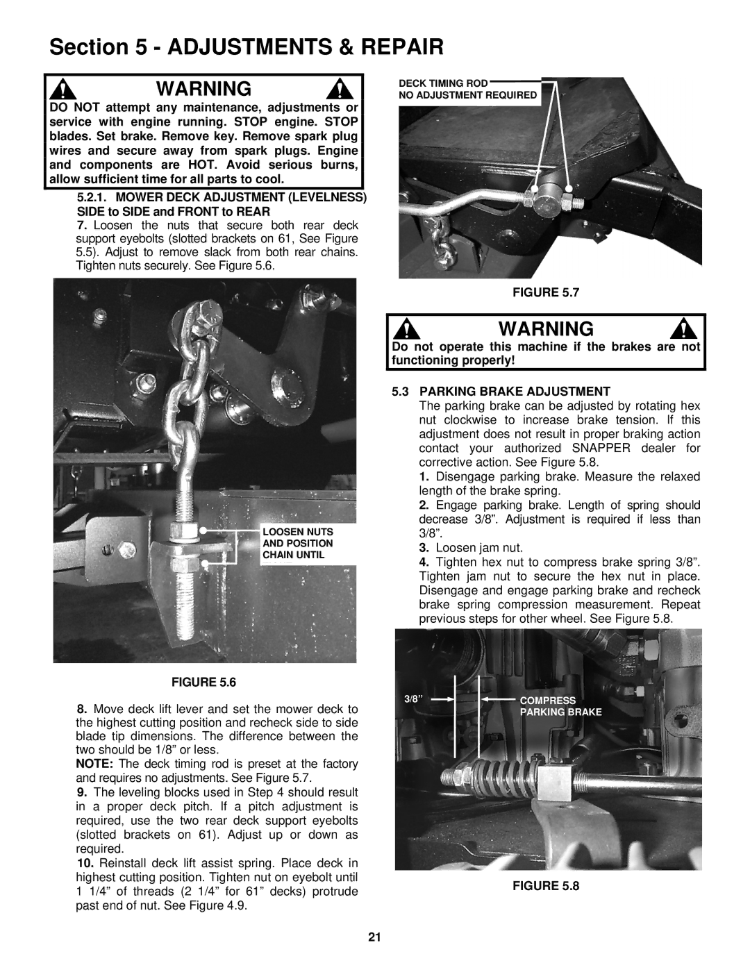 Snapper NZMJ23521KH, NZMJ25611KH important safety instructions Parking Brake Adjustment 