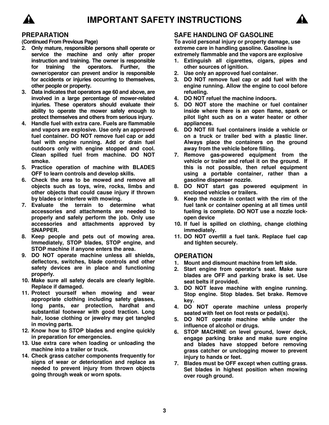 Snapper NZMJ23521KH, NZMJ25611KH important safety instructions Safe Handling of Gasoline, Operation, Snapper 