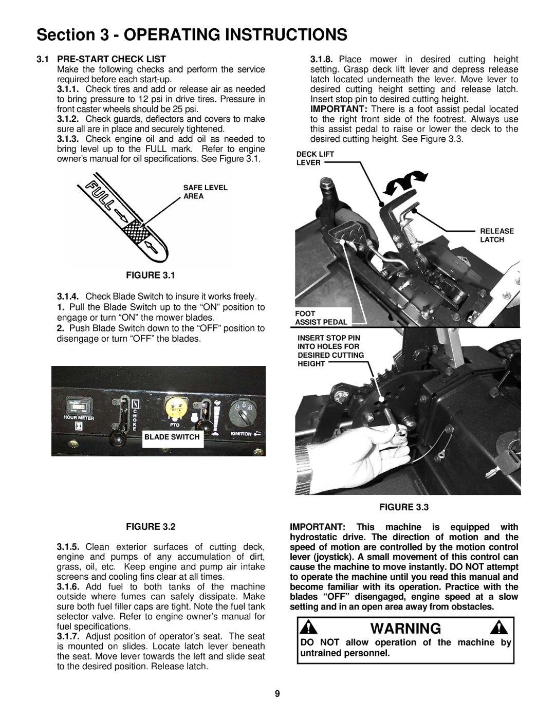 Snapper NZMJ23521KH, NZMJ25611KH PRE-START Check List, Do not allow operation of the machine by untrained personnel 