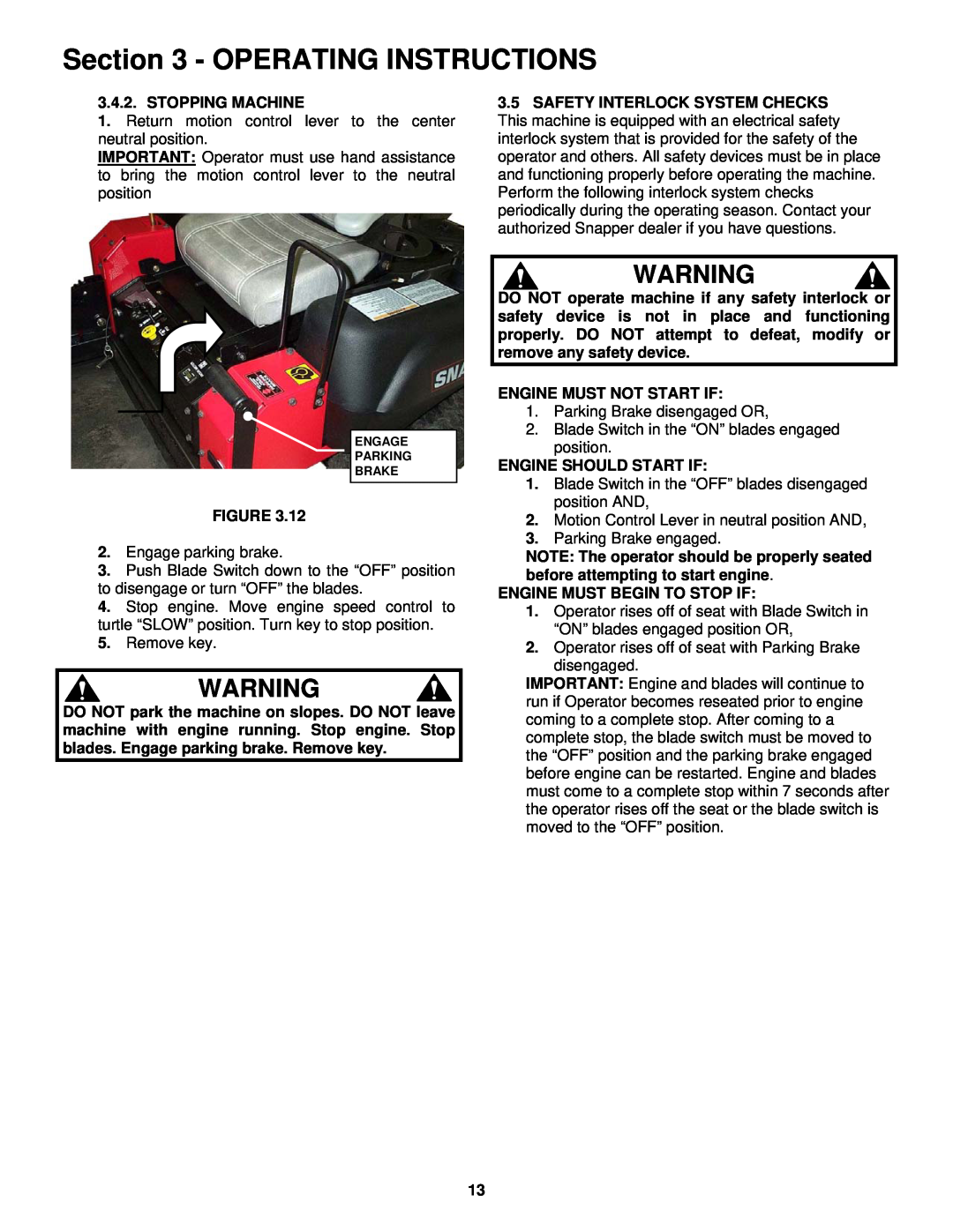 Snapper NZMJ23521KH, NZMJ25611KH important safety instructions Operating Instructions, Stopping Machine 