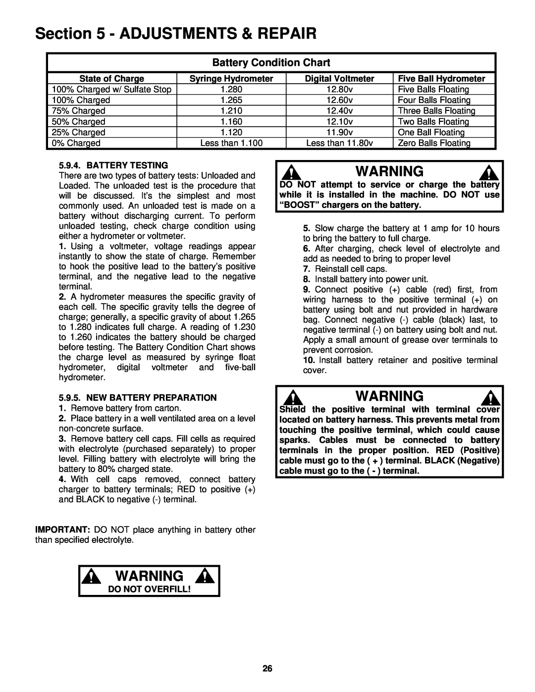 Snapper NZMJ23521KH, NZMJ25611KH important safety instructions Adjustments & Repair, Battery Condition Chart 