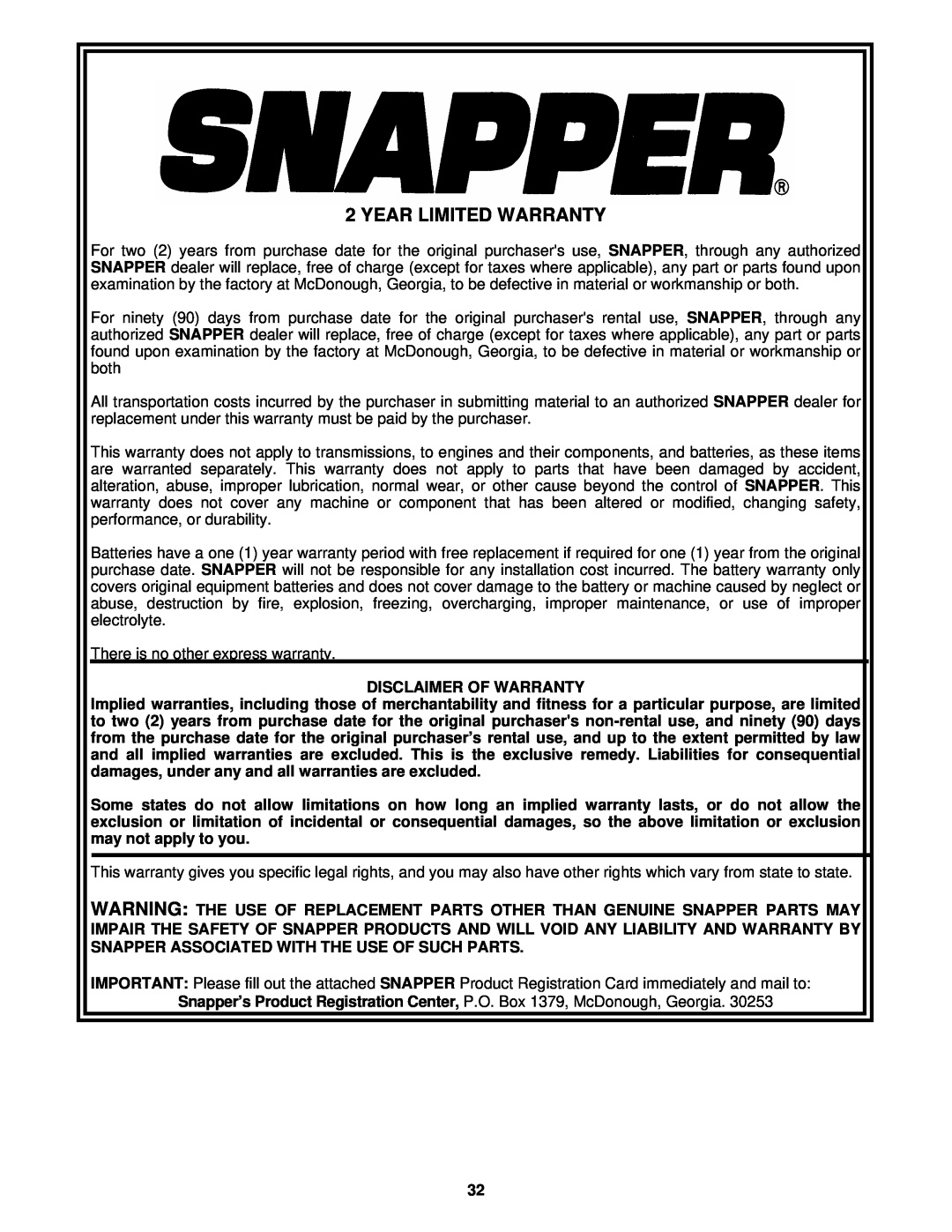 Snapper NZMJ23521KH, NZMJ25611KH important safety instructions Year Limited Warranty 