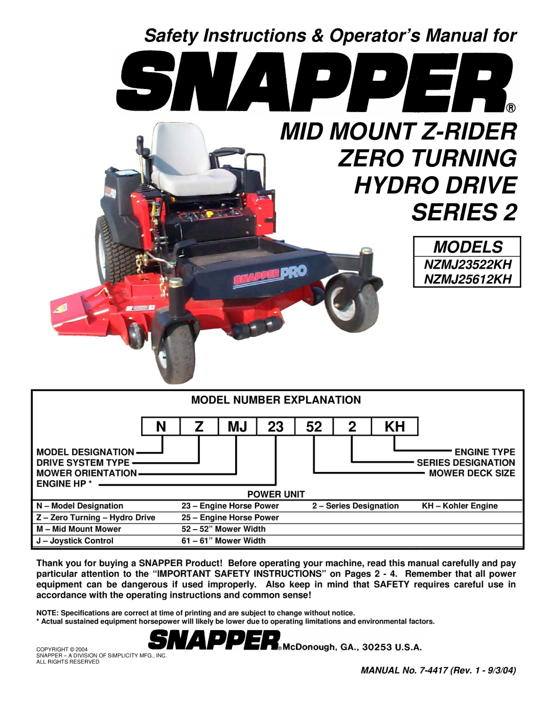 Snapper NZMJ25612KH, NZMJ23522KH important safety instructions MID Mount Z-RIDER Zero Turning Hydro Drive Series 