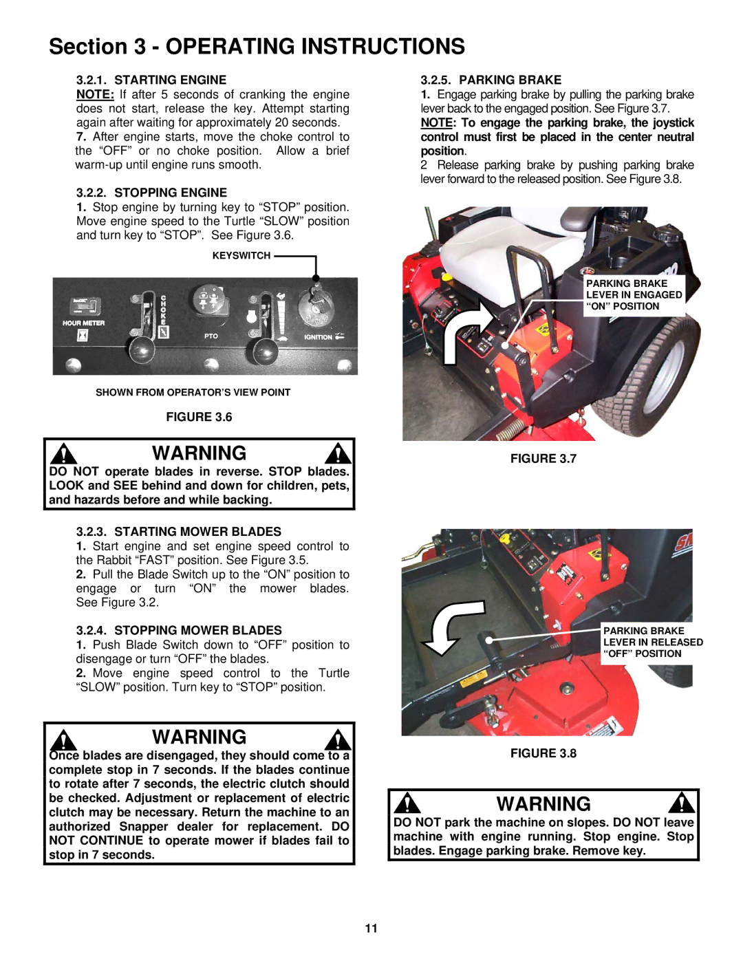 Snapper NZMJ25612KH, NZMJ23522KH Stopping Engine, Starting Mower Blades, Stopping Mower Blades, Parking Brake 