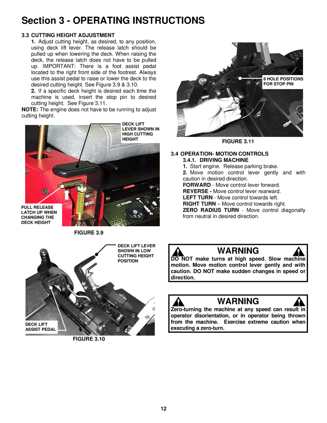 Snapper NZMJ23522KH, NZMJ25612KH Cutting Height Adjustment, OPERATION- Motion Controls Driving Machine 