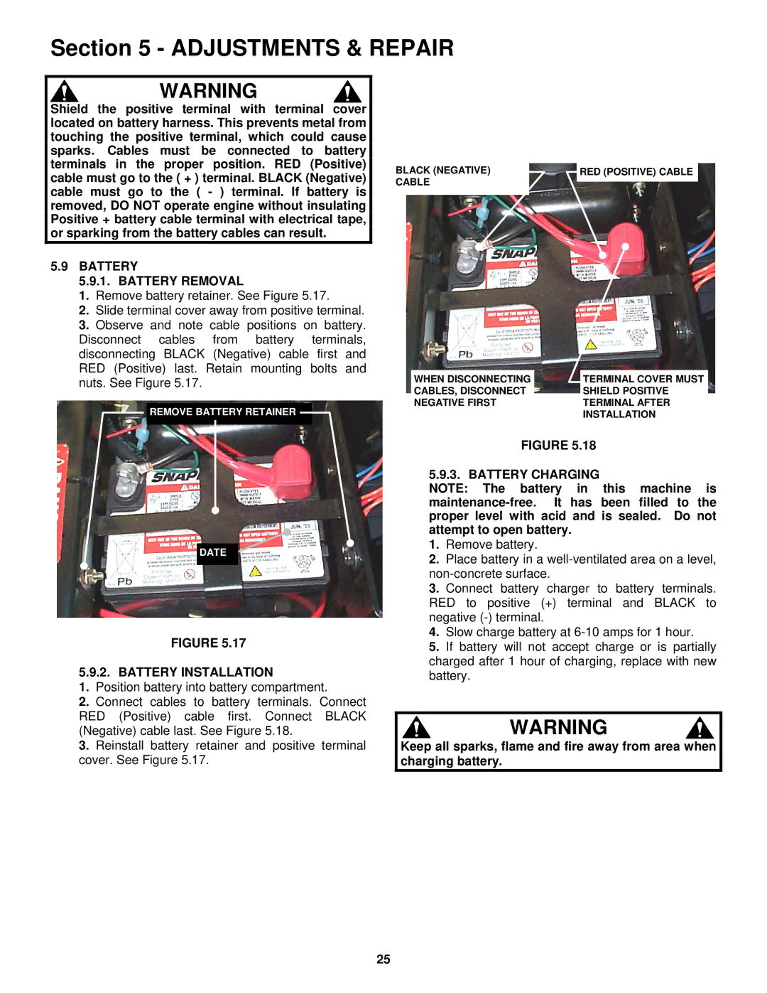 Snapper NZMJ25612KH, NZMJ23522KH, NZMJ23522KH, NZMJ25612KH Battery Battery Removal, Battery Installation, Battery Charging 