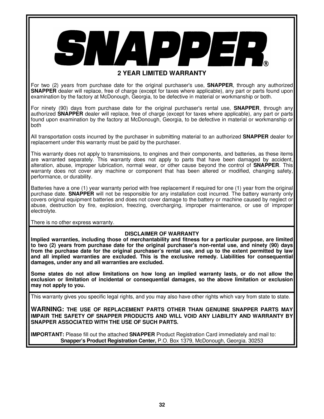 Snapper NZMJ23522KH, NZMJ25612KH, NZMJ25612KH, NZMJ23522KH Year Limited Warranty, Disclaimer of Warranty 