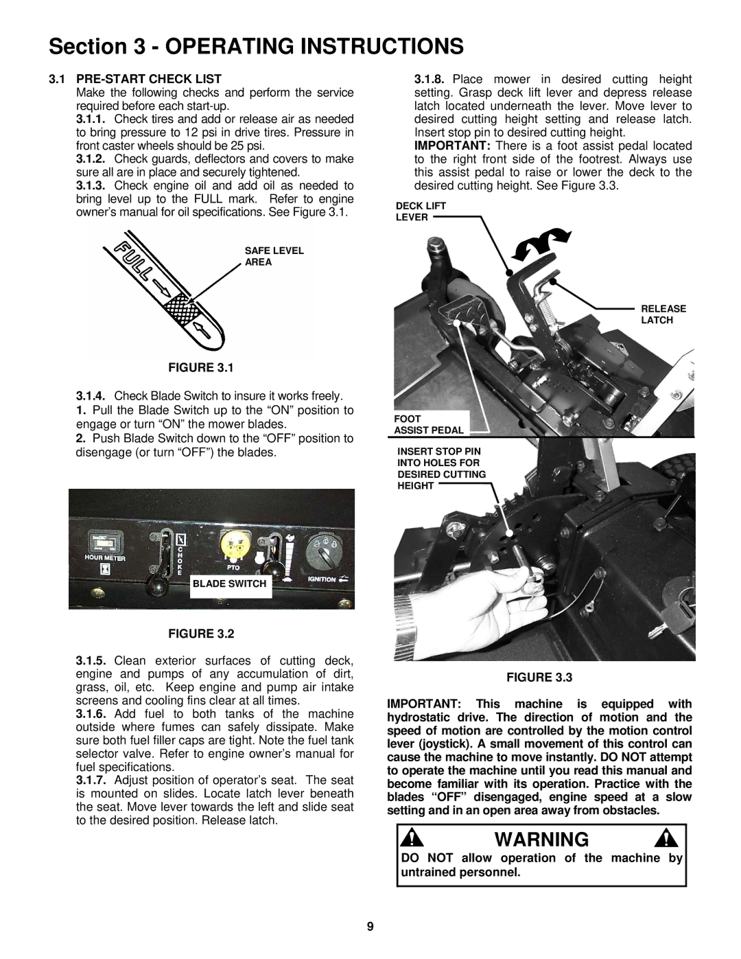 Snapper NZMJ25612KH, NZMJ23522KH PRE-START Check List, Do not allow operation of the machine by untrained personnel 