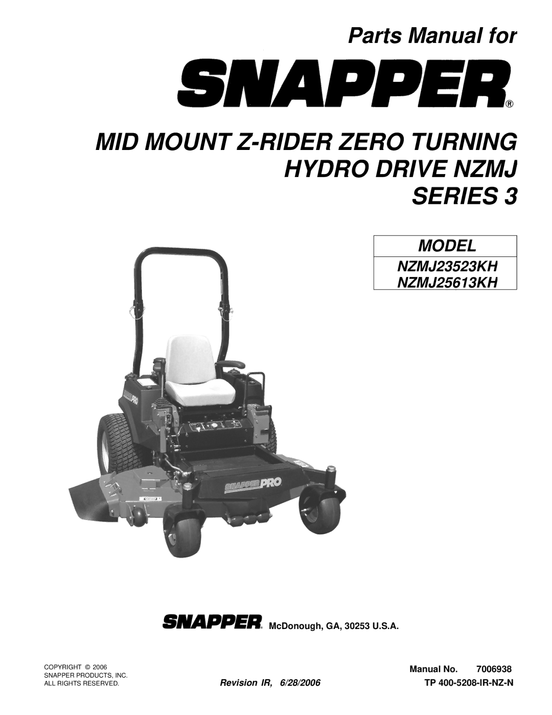 Snapper NZMJ23523KH, NZMJ25613KH manual MID Mount Z-RIDER Zero Turning Hydro Drive Nzmj Series 