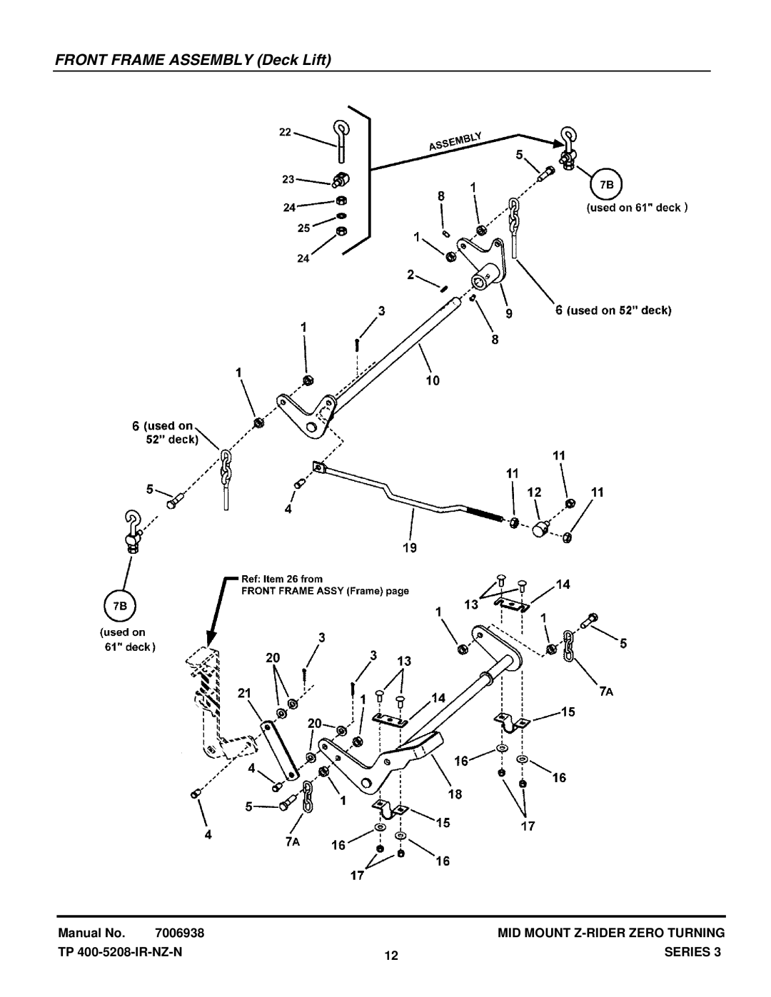 Snapper NZMJ25613KH, NZMJ23523KH manual Front Frame Assembly Deck Lift 