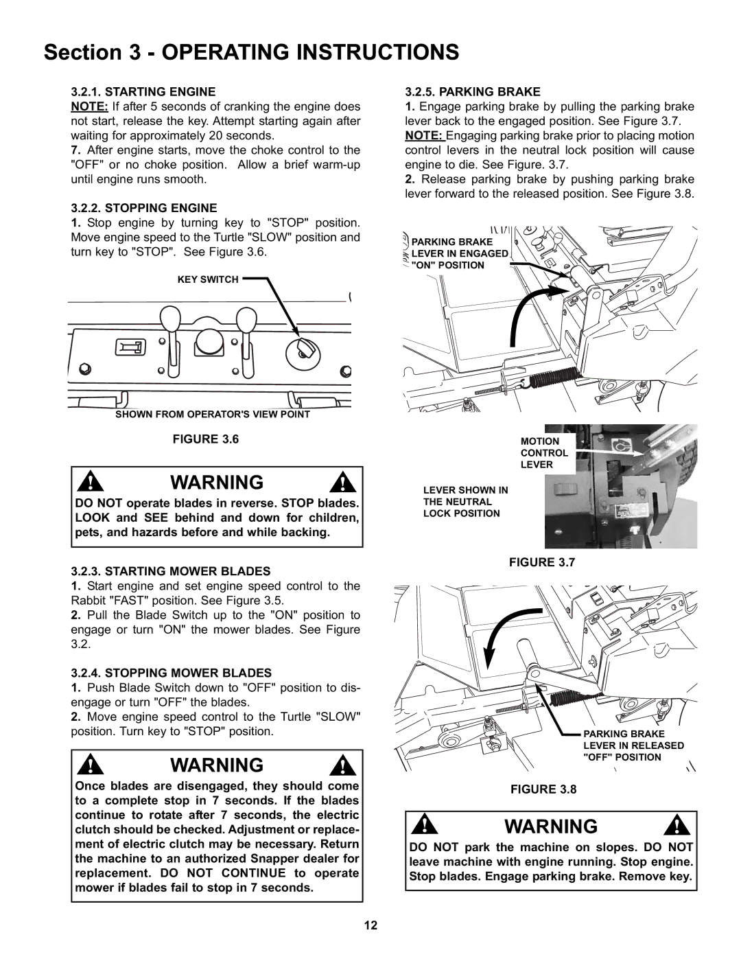 Snapper NZMX30614KH, NZMX32734BV Stopping Engine, Starting Mower Blades, Stopping Mower Blades, Parking Brake 