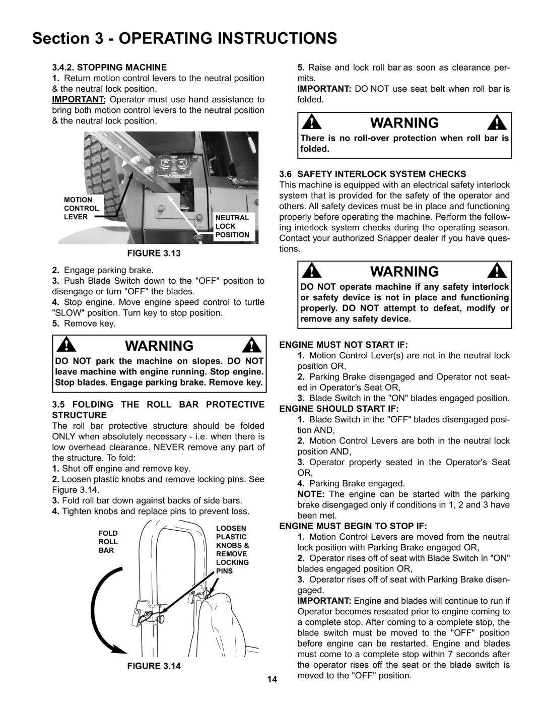 Snapper NZMX30614KH, NZMX32734BV specifications Stopping Machine, Safety Interlock System Checks, Engine Must not Start if 