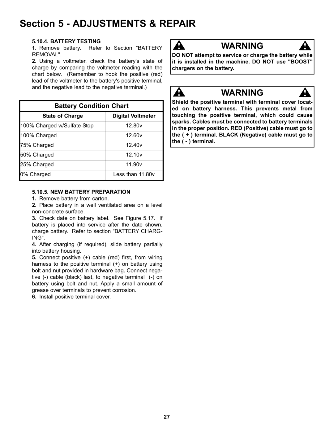 Snapper NZMX30614KH, NZMX32734BV specifications Battery Condition Chart, Battery Testing 