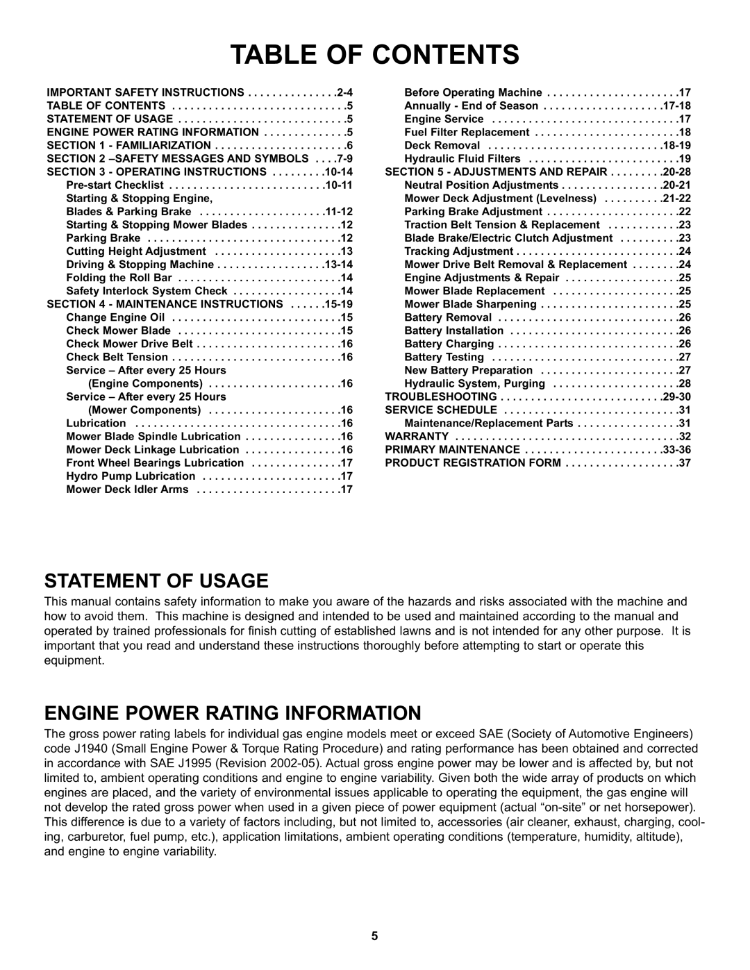 Snapper NZMX30614KH, NZMX32734BV specifications Table of Contents 