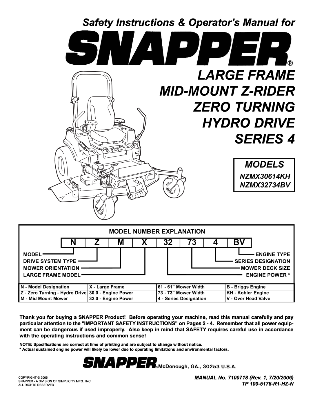 Snapper NZMX30614KH, NZMX32734BV specifications Large Frame Mid-Mount Z-Rider Zero Turning, Hydro Drive Series, Models 