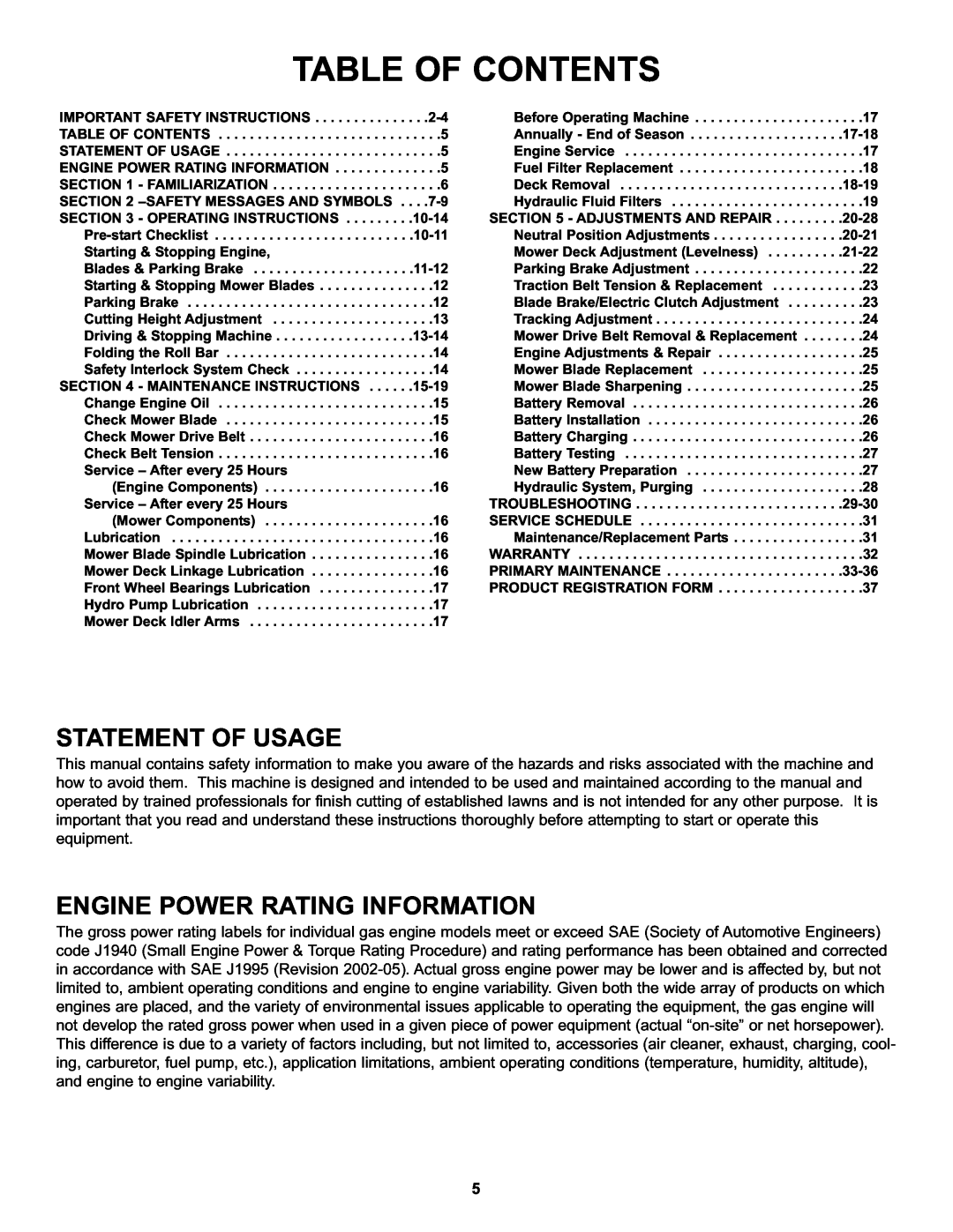 Snapper NZMX30614KH, NZMX32734BV specifications Statement Of Usage, Engine Power Rating Information, Table Of Contents 