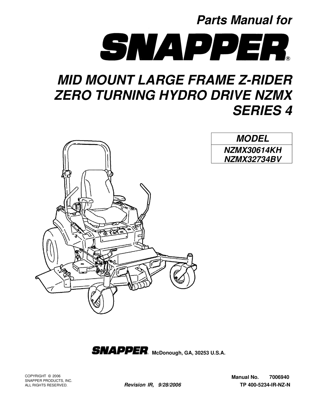 Snapper NZMX30614KH, NZMX32734BV manual Parts Manual for 