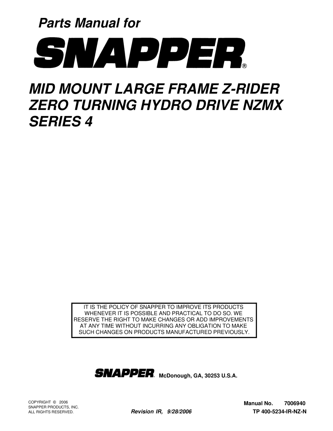 Snapper NZMX32734BV, NZMX30614KH manual Parts Manual for 