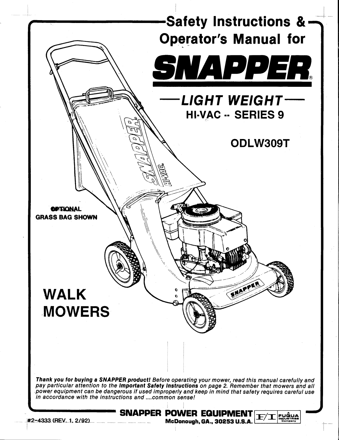 Snapper ODLW309T manual 