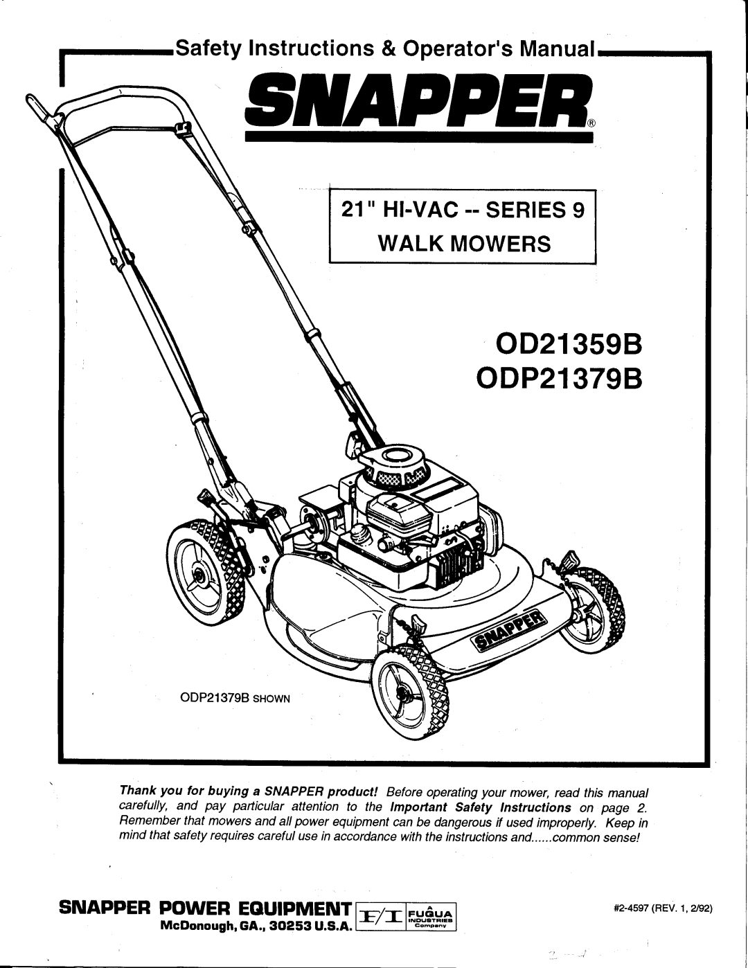 Snapper OD21359B, ODP21379B manual 