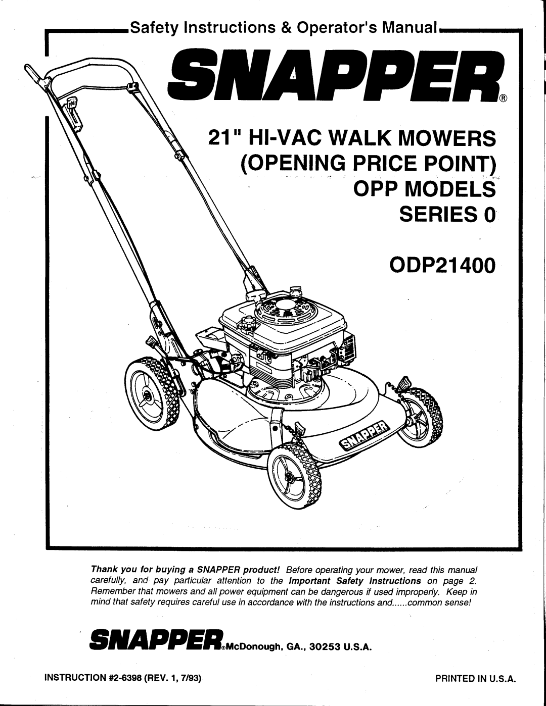 Snapper ODP21400 manual 