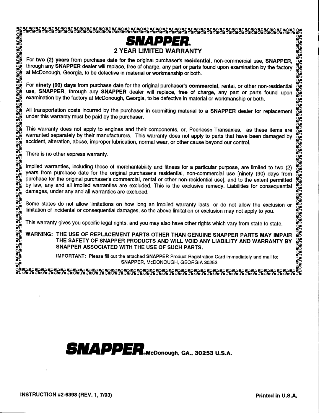 Snapper ODP21400 manual 