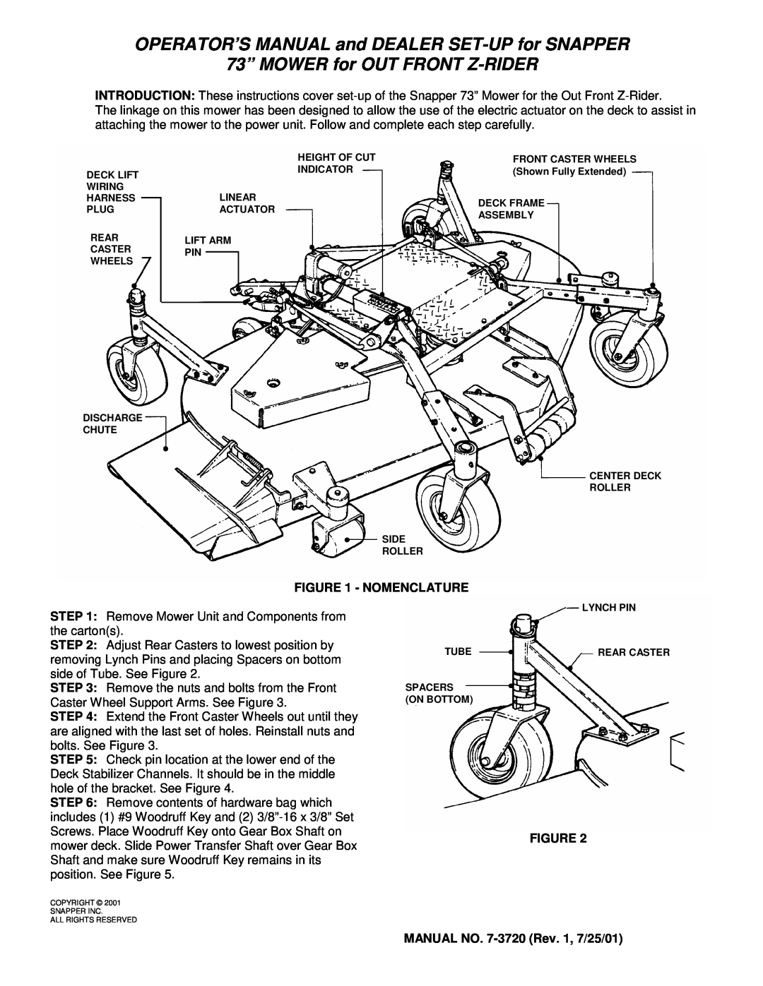 Snapper Out Front Z-rider Mower manual OPERATOR’S MANUAL and DEALER SET-UPfor SNAPPER, 73” MOWER for OUT FRONT Z-RIDER 