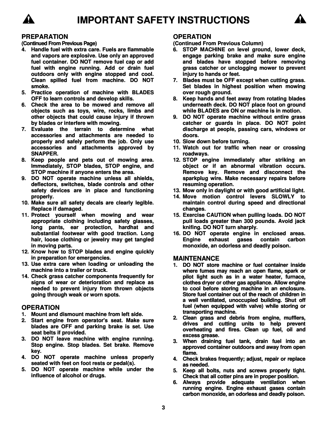 Snapper Out Front Z-rider Mower manual Operation, Maintenance, Important Safety Instructions, Preparation 