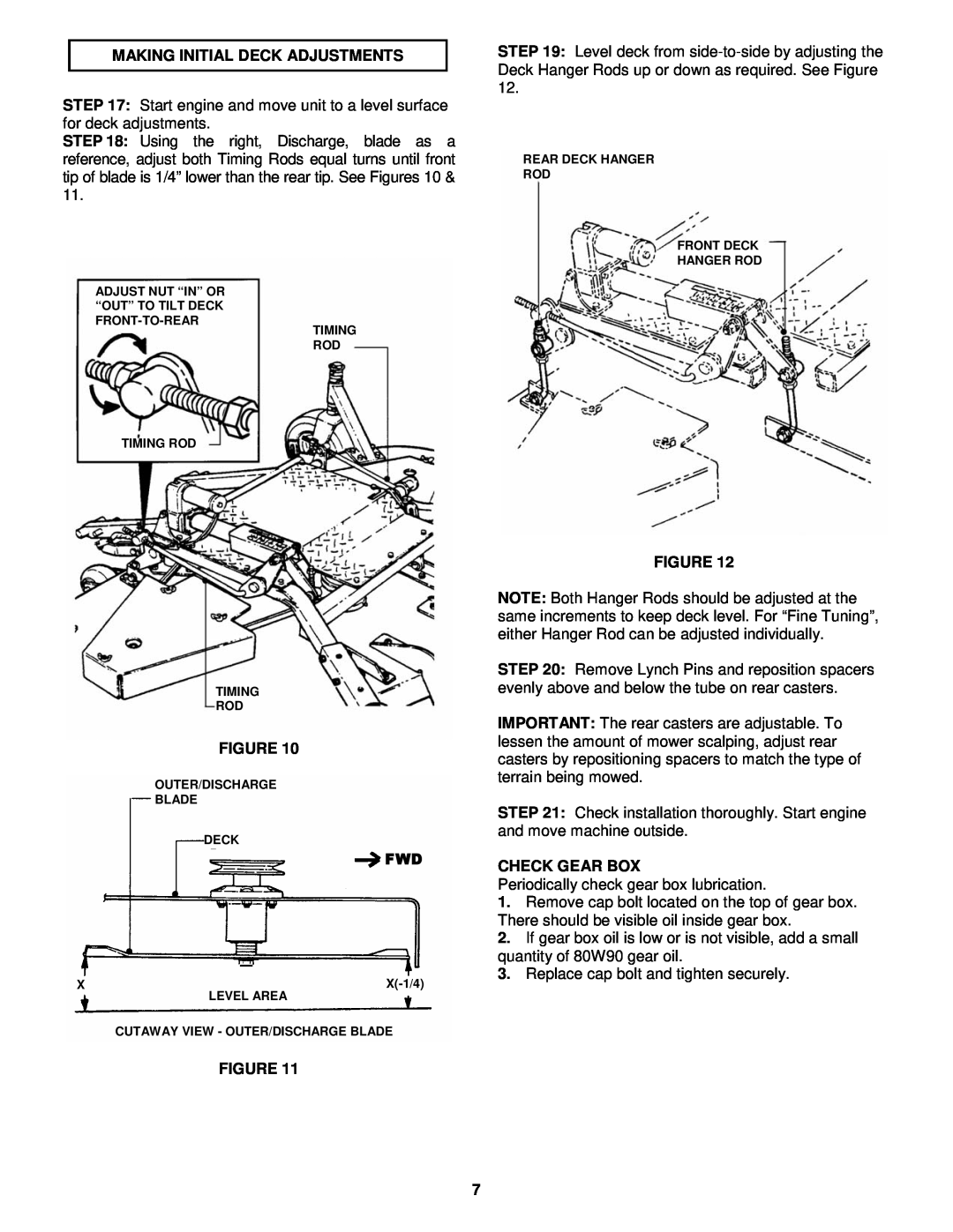 Snapper Out Front Z-rider Mower manual Making Initial Deck Adjustments, Check Gear Box 