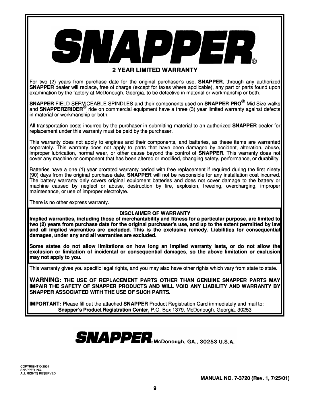 Snapper Out Front Z-rider Mower manual Year Limited Warranty 
