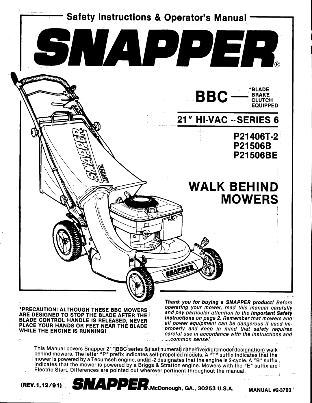 Snapper P21506BE, P21406T-2 manual 