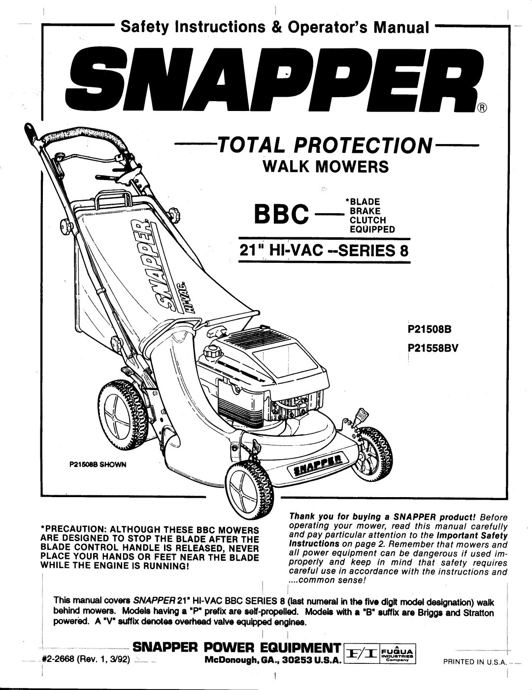 Snapper P21508B, P21558BV manual 