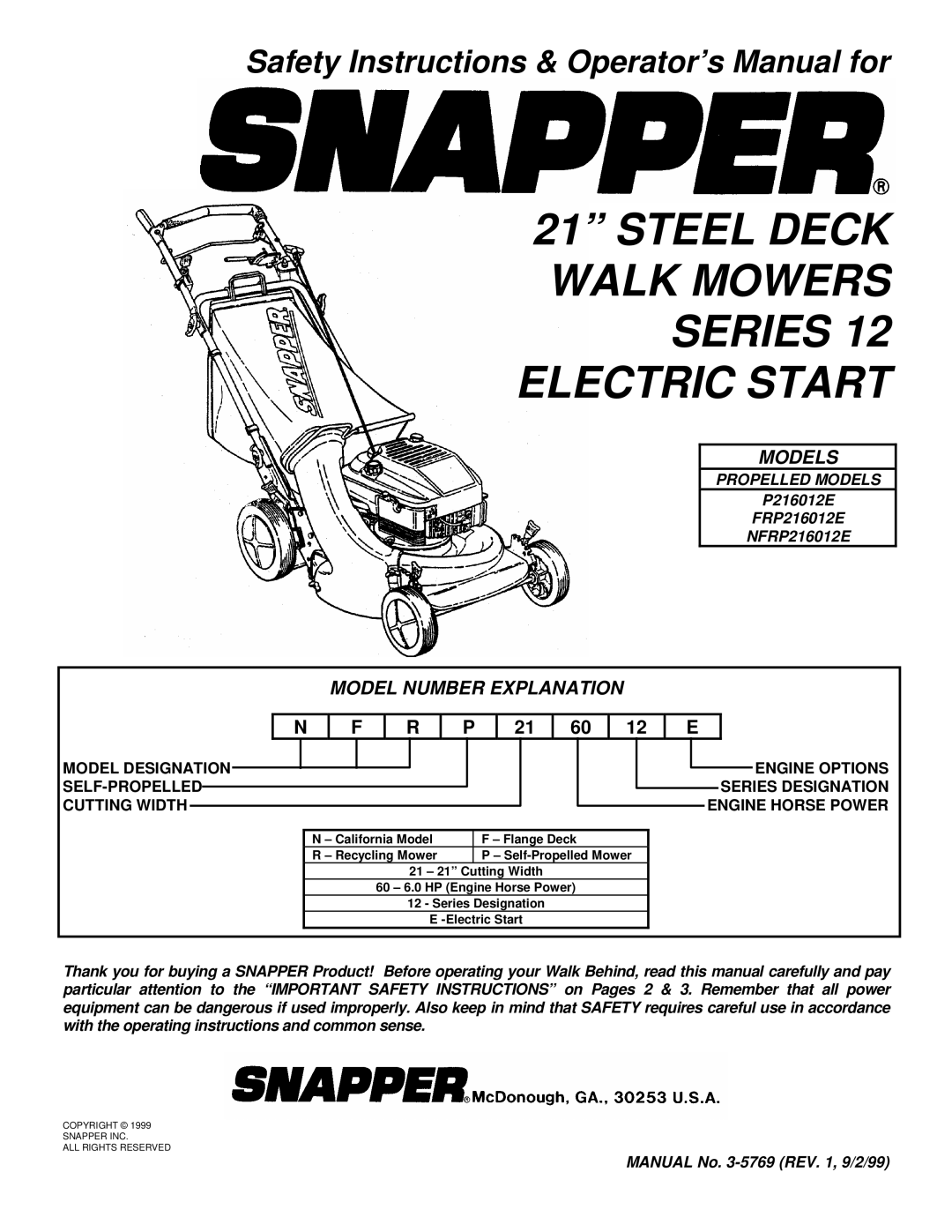 Snapper P216012E important safety instructions Steel Deck Walk Mowers Series 12 Electric Start 