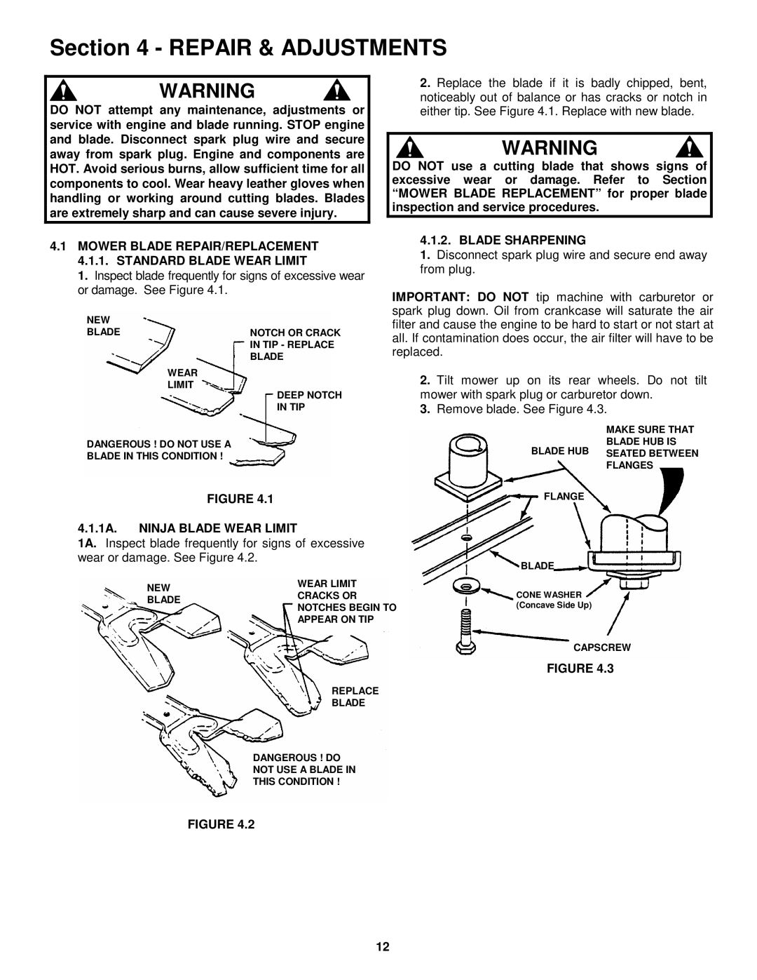 Snapper P216012E important safety instructions Blade Sharpening, 1A. Ninja Blade Wear Limit 