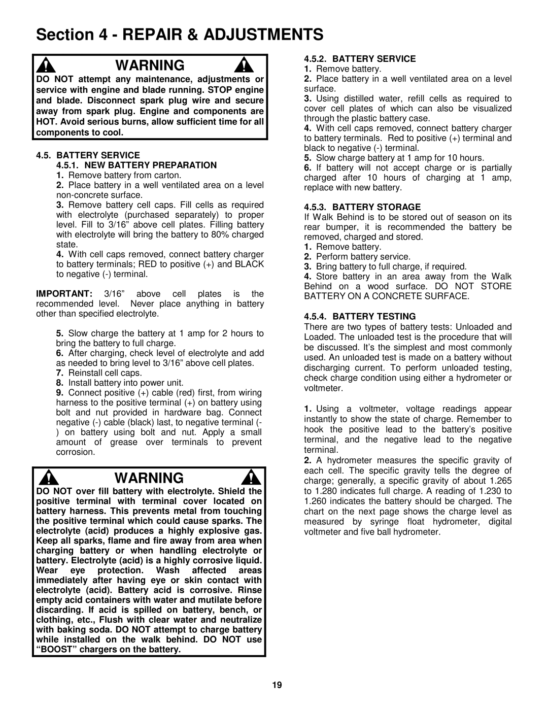 Snapper P216012E Battery Service, NEW Battery Preparation 1. Remove battery from carton, Battery Storage, Battery Testing 