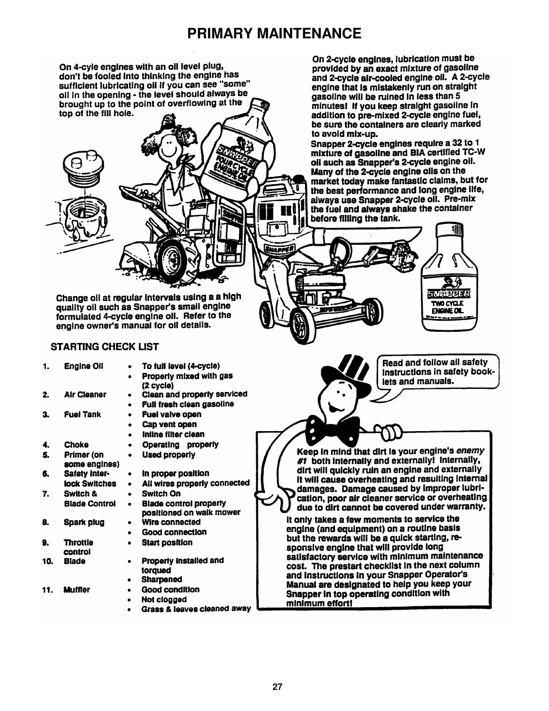 Snapper P216012E important safety instructions Primary Maintenance 