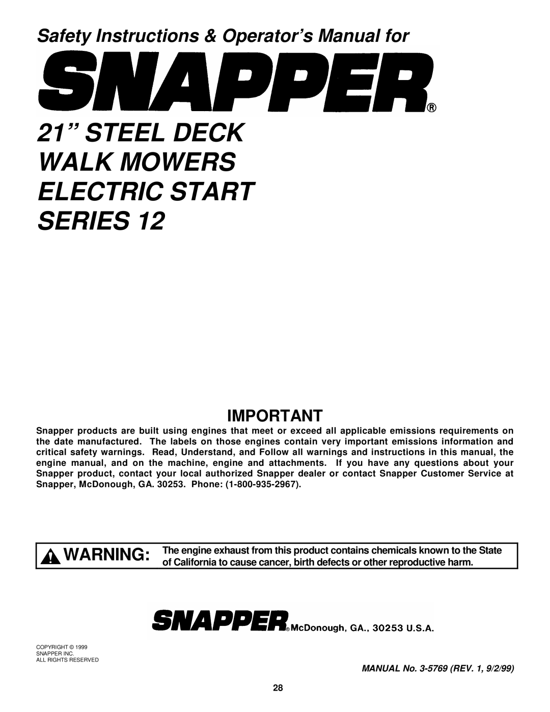 Snapper P216012E important safety instructions Steel Deck Walk Mowers Electric Start Series 