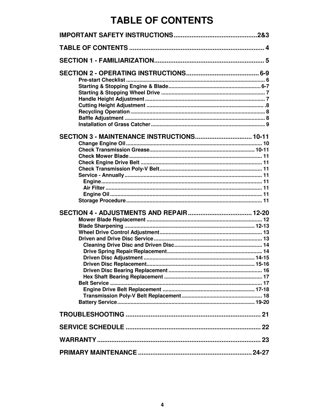 Snapper P216012E important safety instructions Table of Contents 