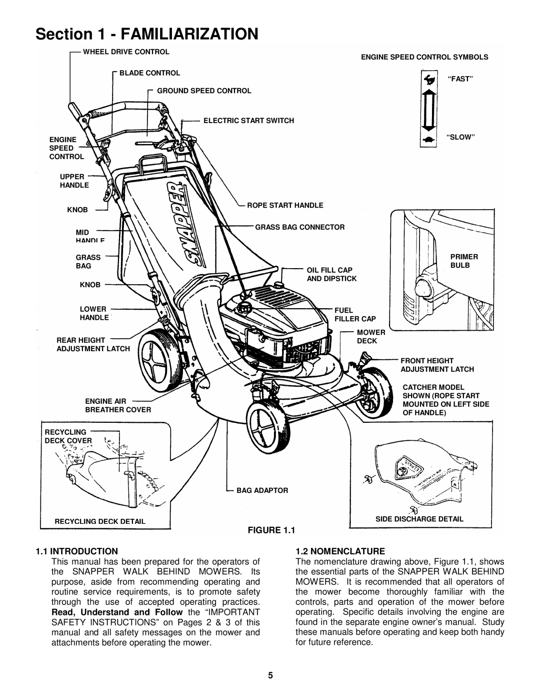 Snapper P216012E important safety instructions Introduction, Nomenclature 