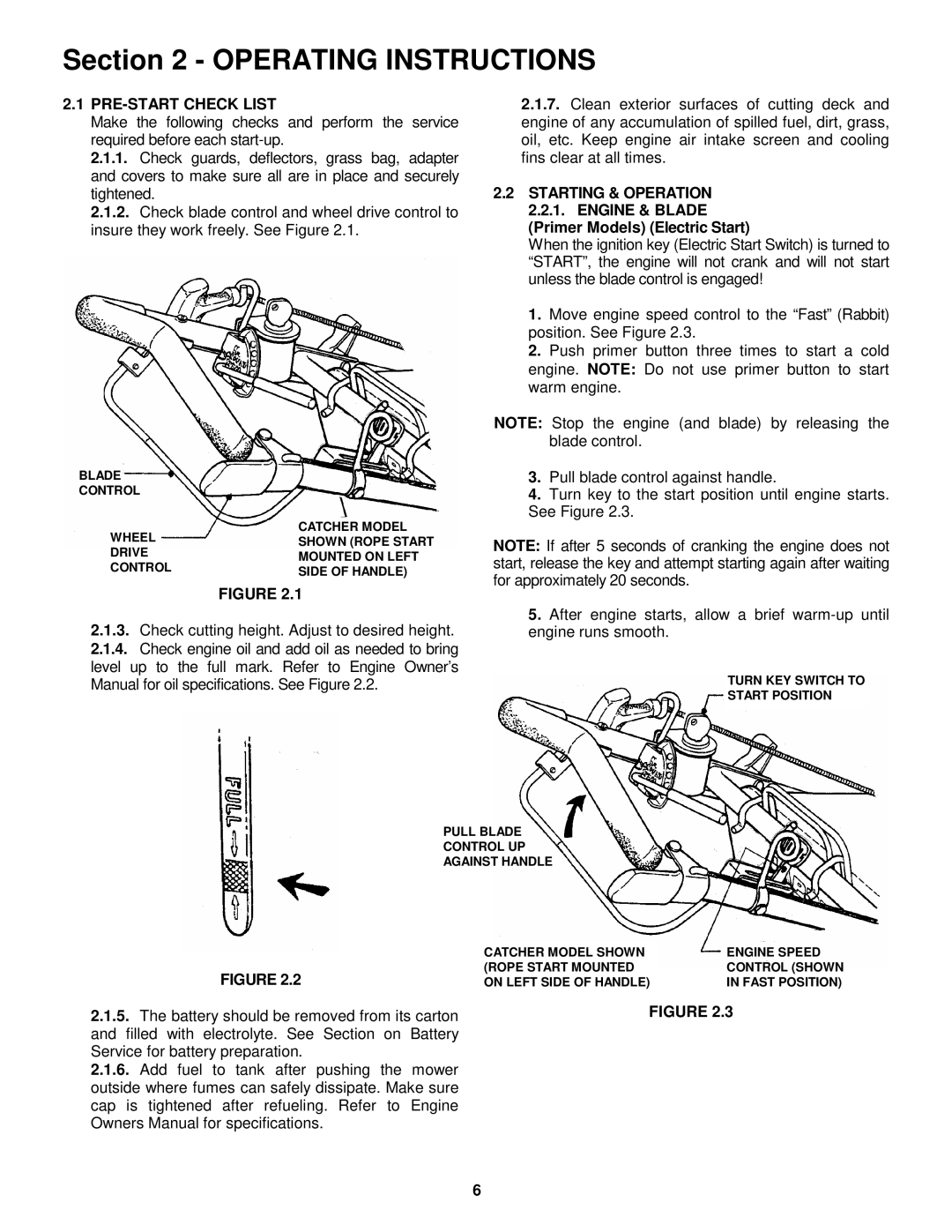 Snapper P216012E PRE-START Check List, Starting & Operation 2.2.1. Engine & Blade, Primer Models Electric Start 