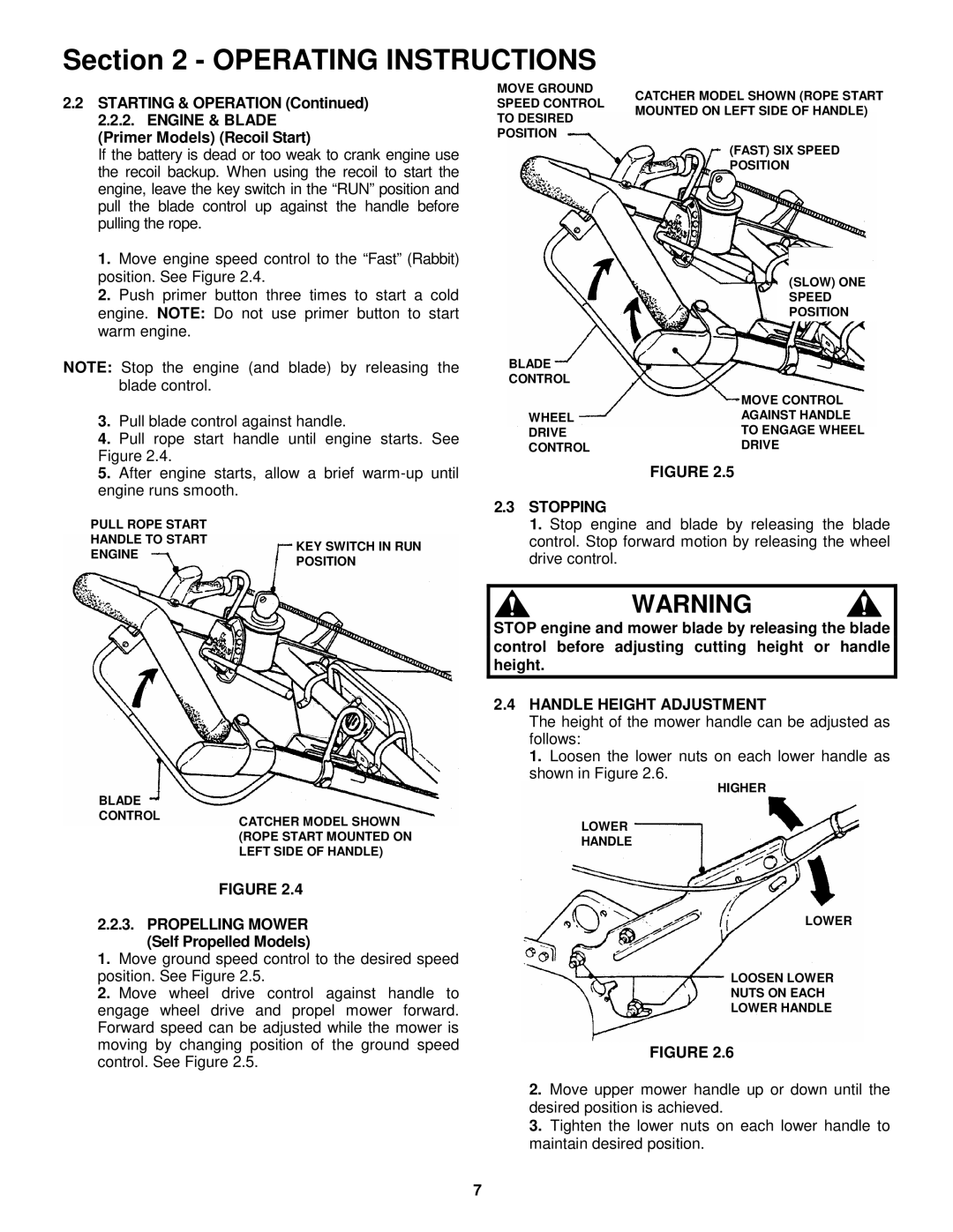 Snapper P216012E Stopping, Stop engine and blade by releasing the blade, Handle Height Adjustment 