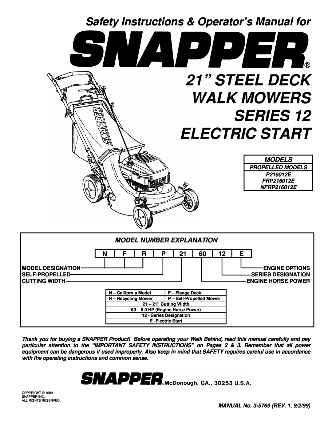Snapper P216012E important safety instructions Safety Instructions & Operator’s Manual for, Models 