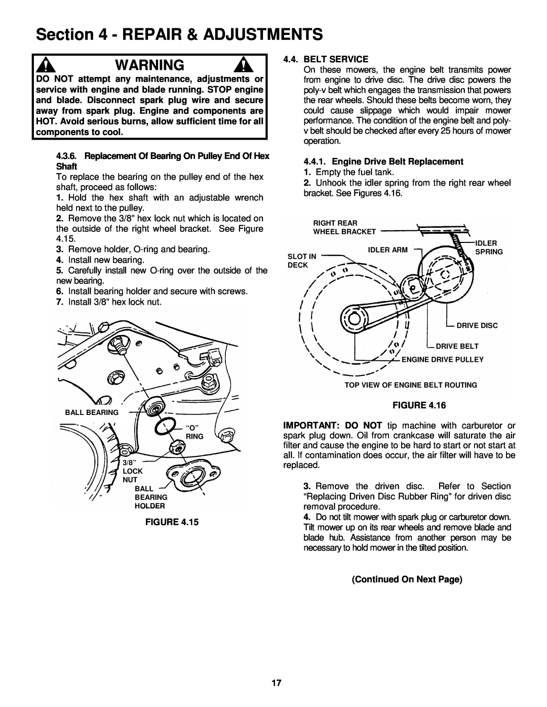 Snapper P216012E Repair & Adjustments, Replacement Of Bearing On Pulley End Of Hex, Shaft, Belt Service 