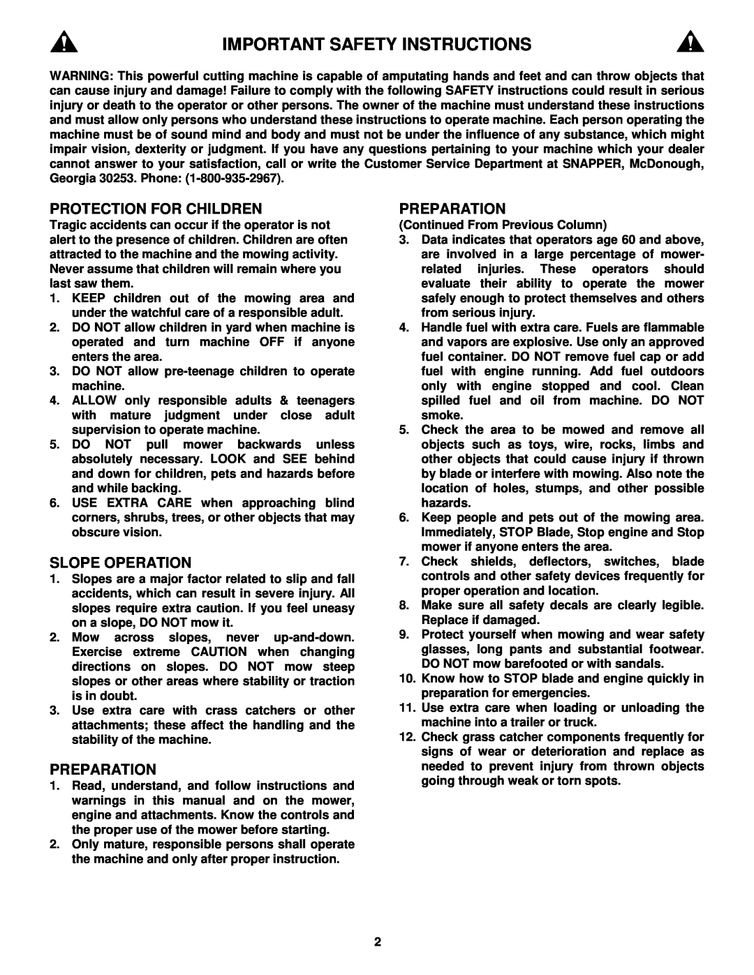 Snapper P216012E Important Safety Instructions, Protection For Children, Slope Operation, Preparation 