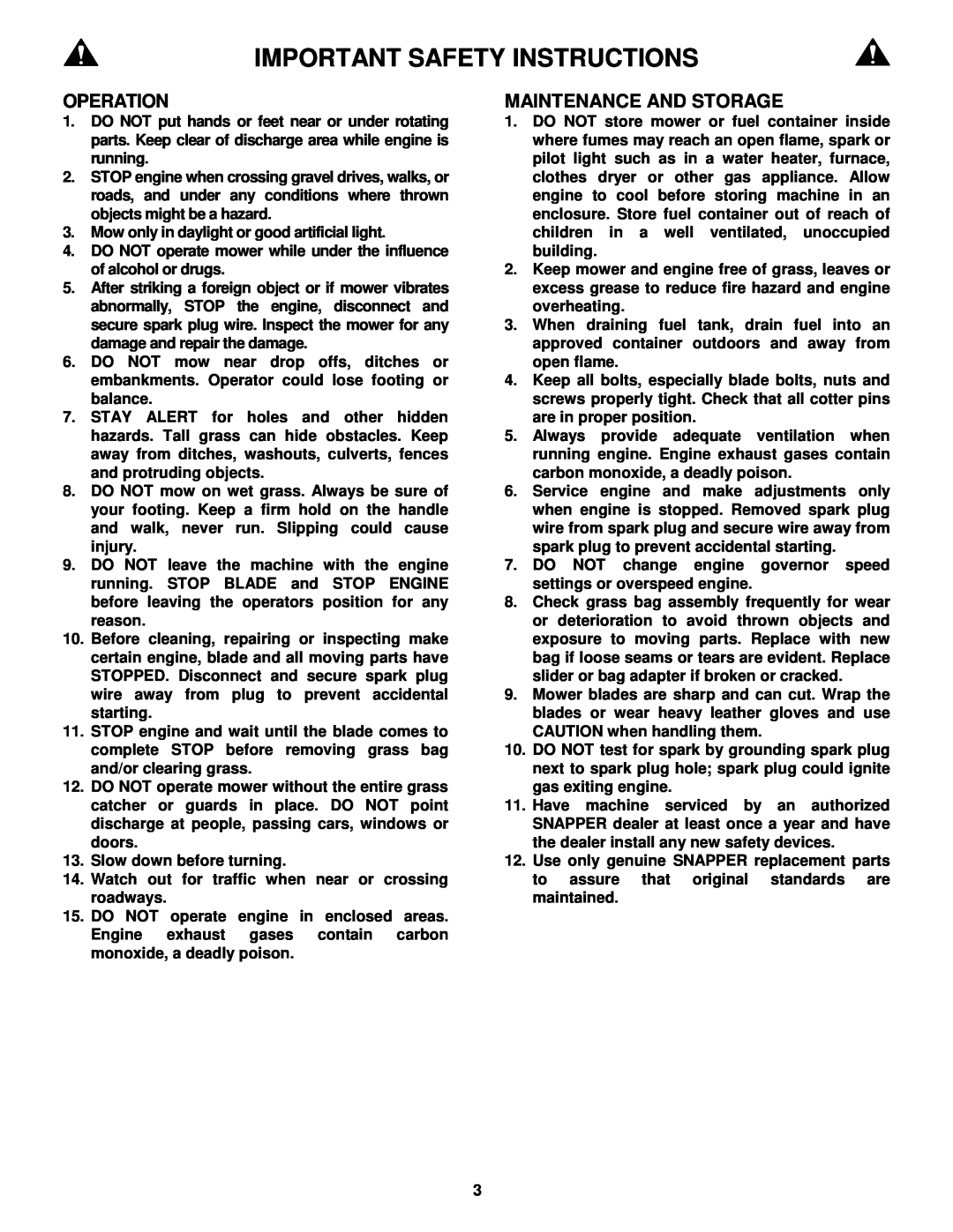 Snapper P216012E important safety instructions Important Safety Instructions, Operation, Maintenance And Storage 