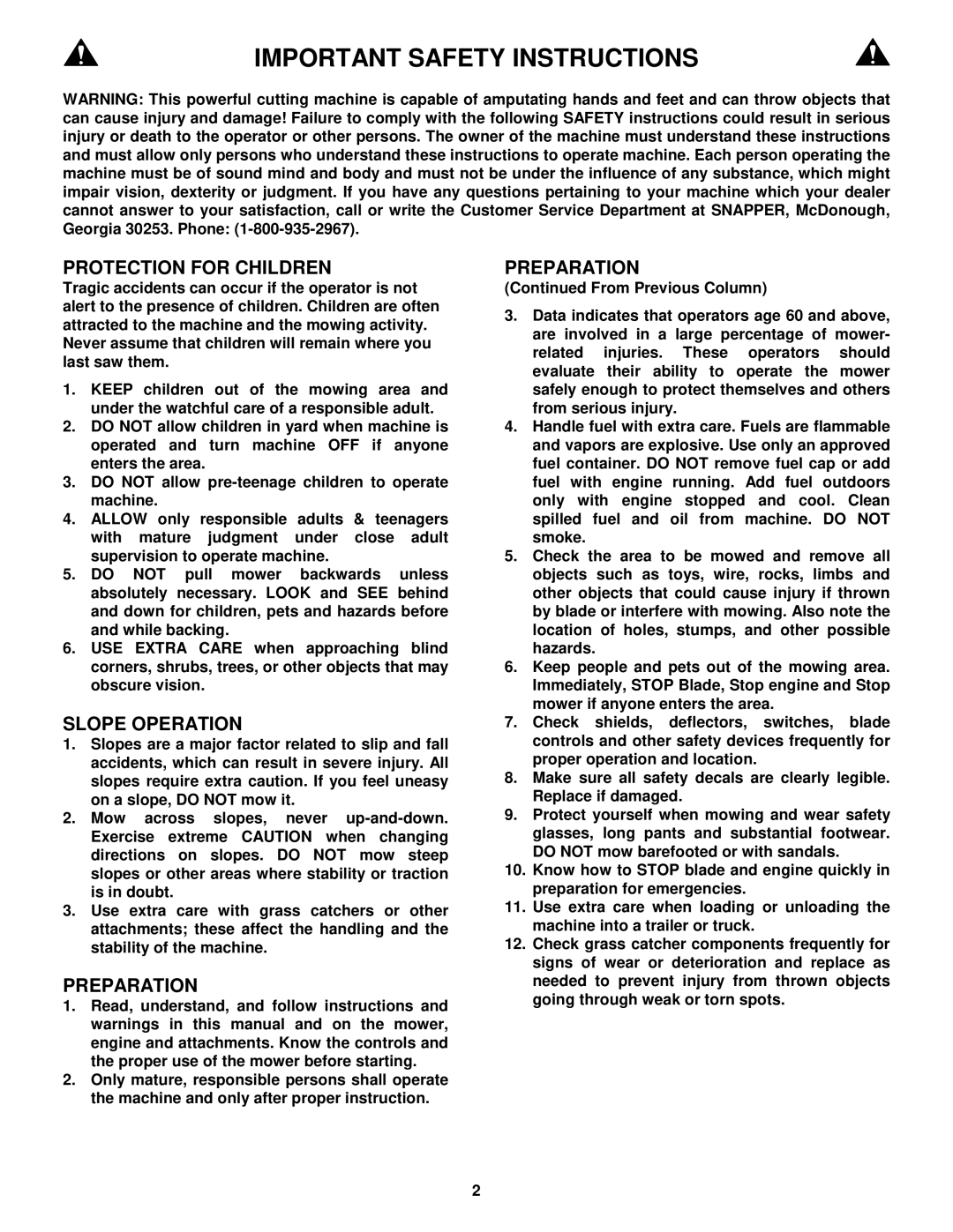 Snapper P216512BV, P216012, WP216512BV important safety instructions Important Safety Instructions 