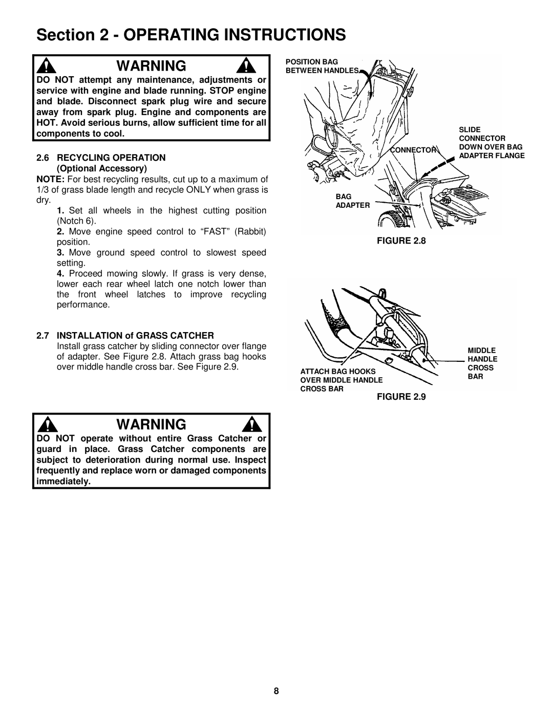 Snapper P216512BV, P216012, WP216512BV important safety instructions Installation of Grass Catcher 